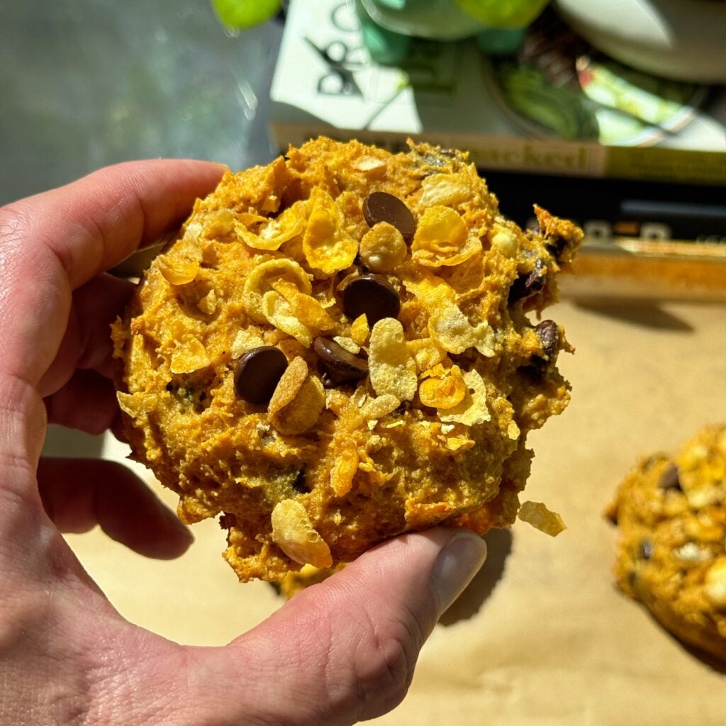 high protein pumpkin corn flake breakfast cookie freshly baked