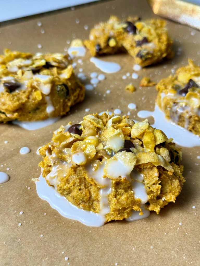 high protein pumpkin corn flake breakfast cookie freshly baked glazed