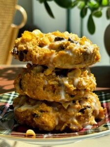 high protein pumpkin corn flake breakfast cookie freshly baked stack