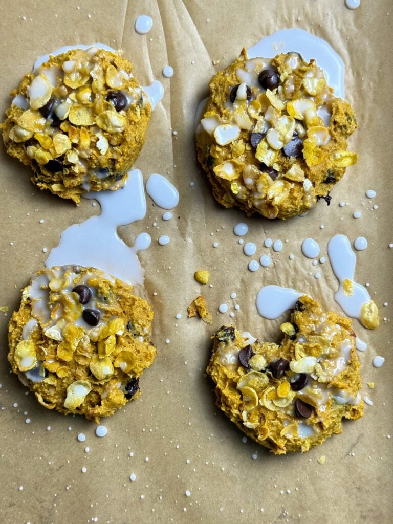 high protein pumpkin corn flake breakfast cookie iced