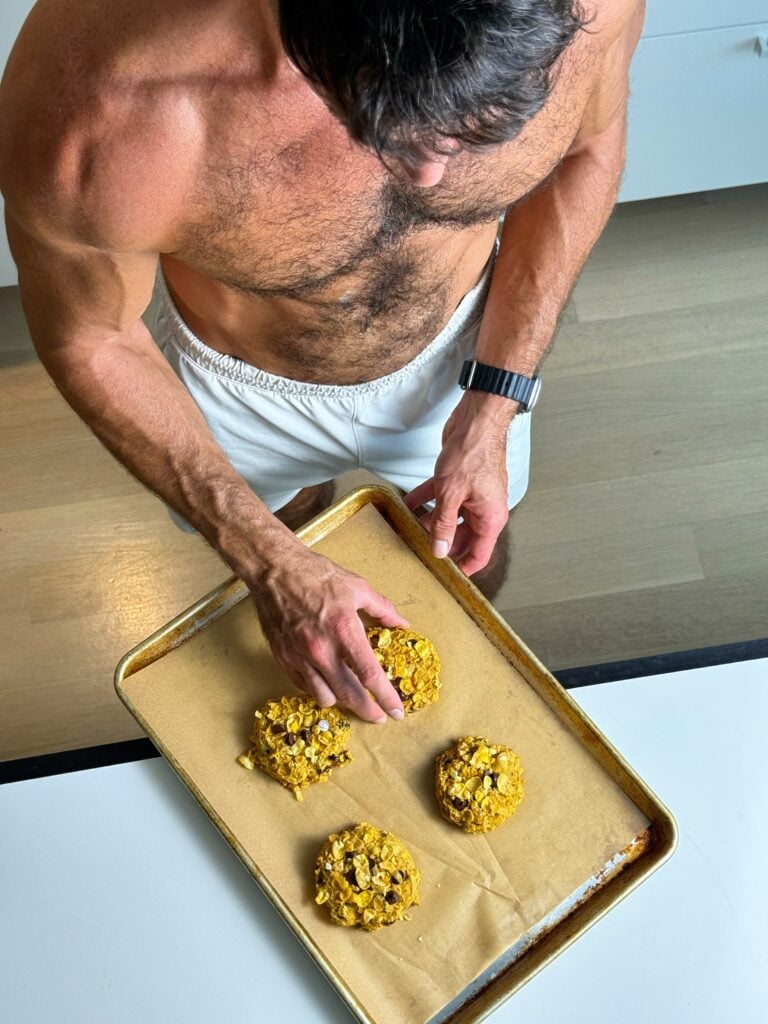 jacob baking his high protein pumpkin corn flake breakfast cookie