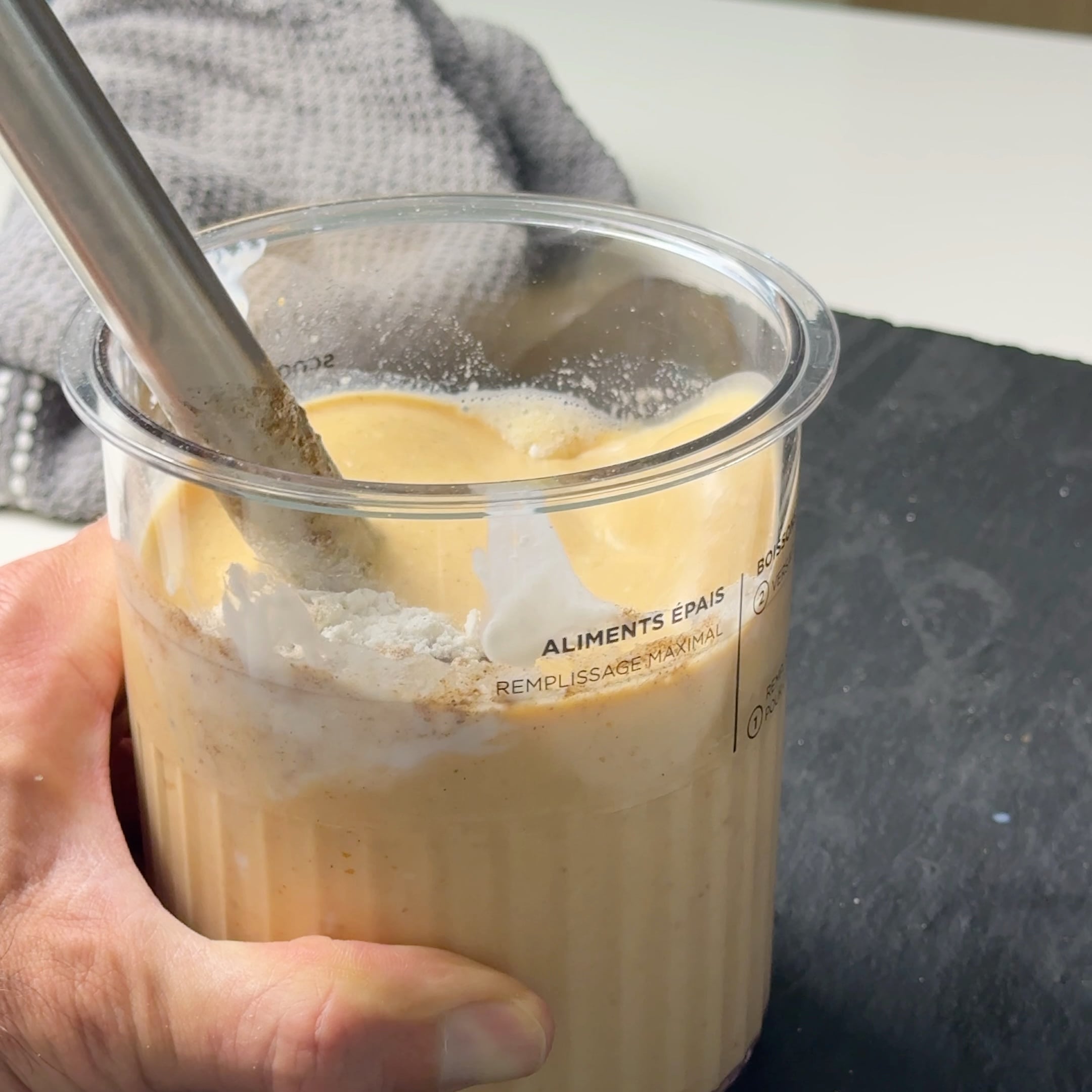 Mixing the high-protein pumpkin pie Ninja Creami base in the pint container