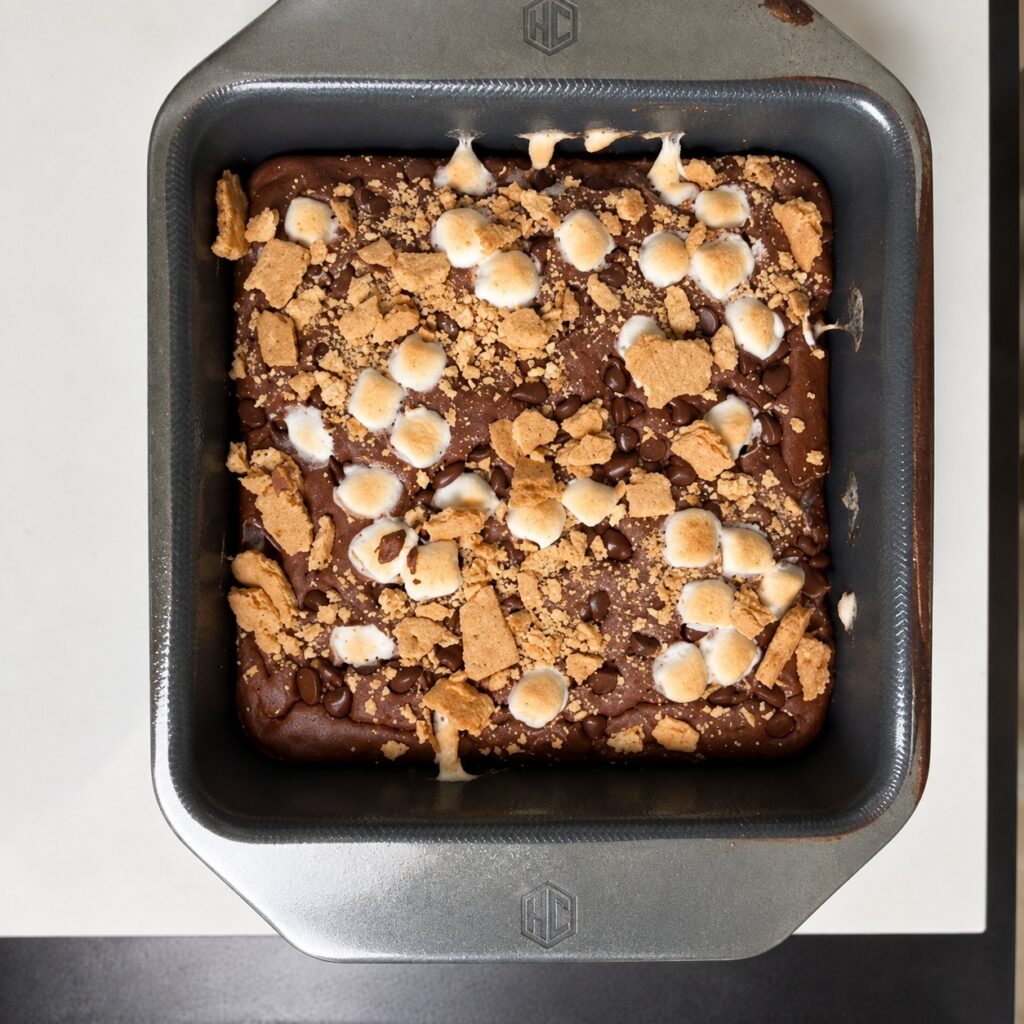 Overhead view of chocolate banana s'mores brownies baked in an 8×8-inch pan