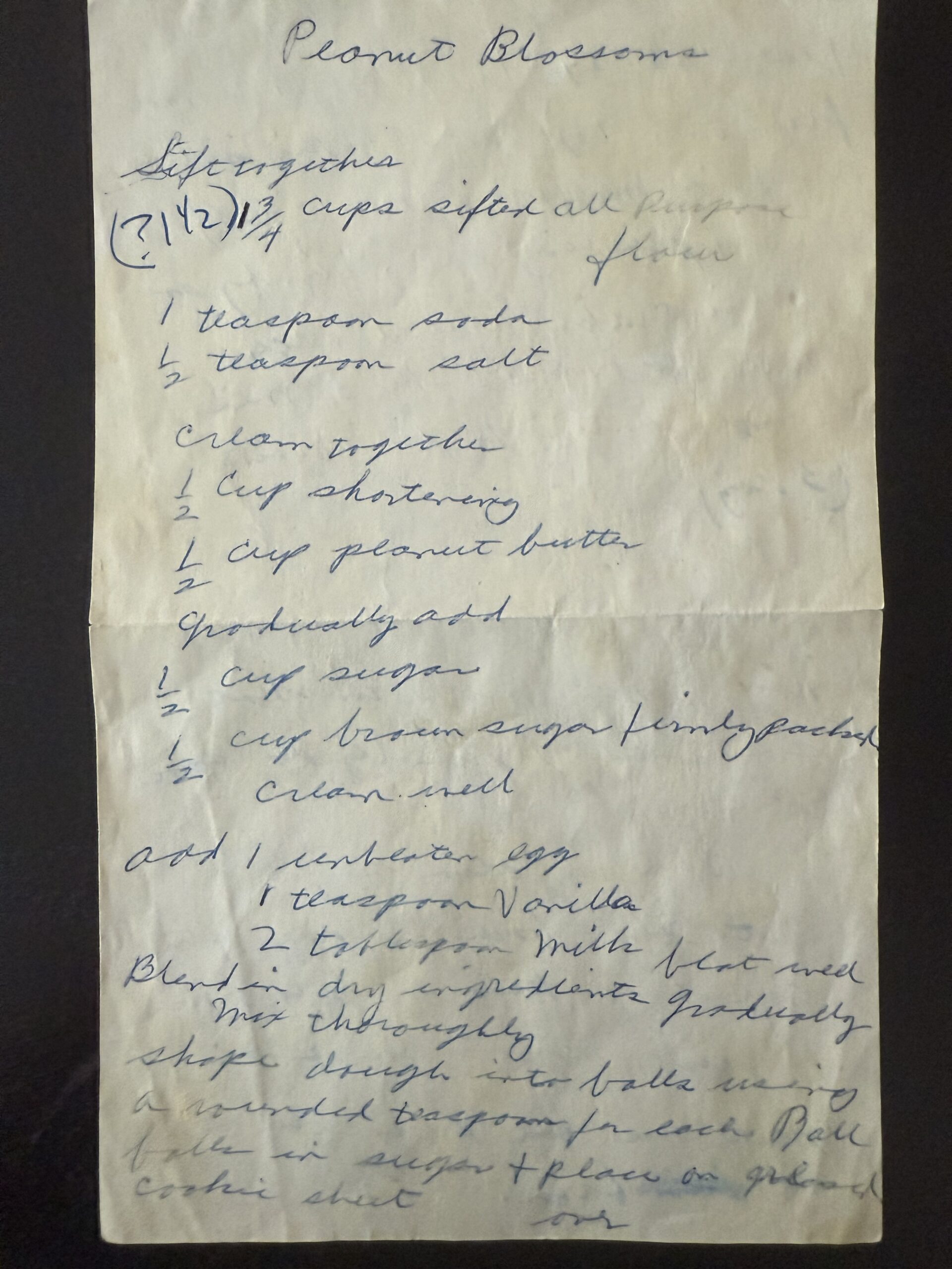Front of a handwritten family recipe card for Peanut Butter Blossoms