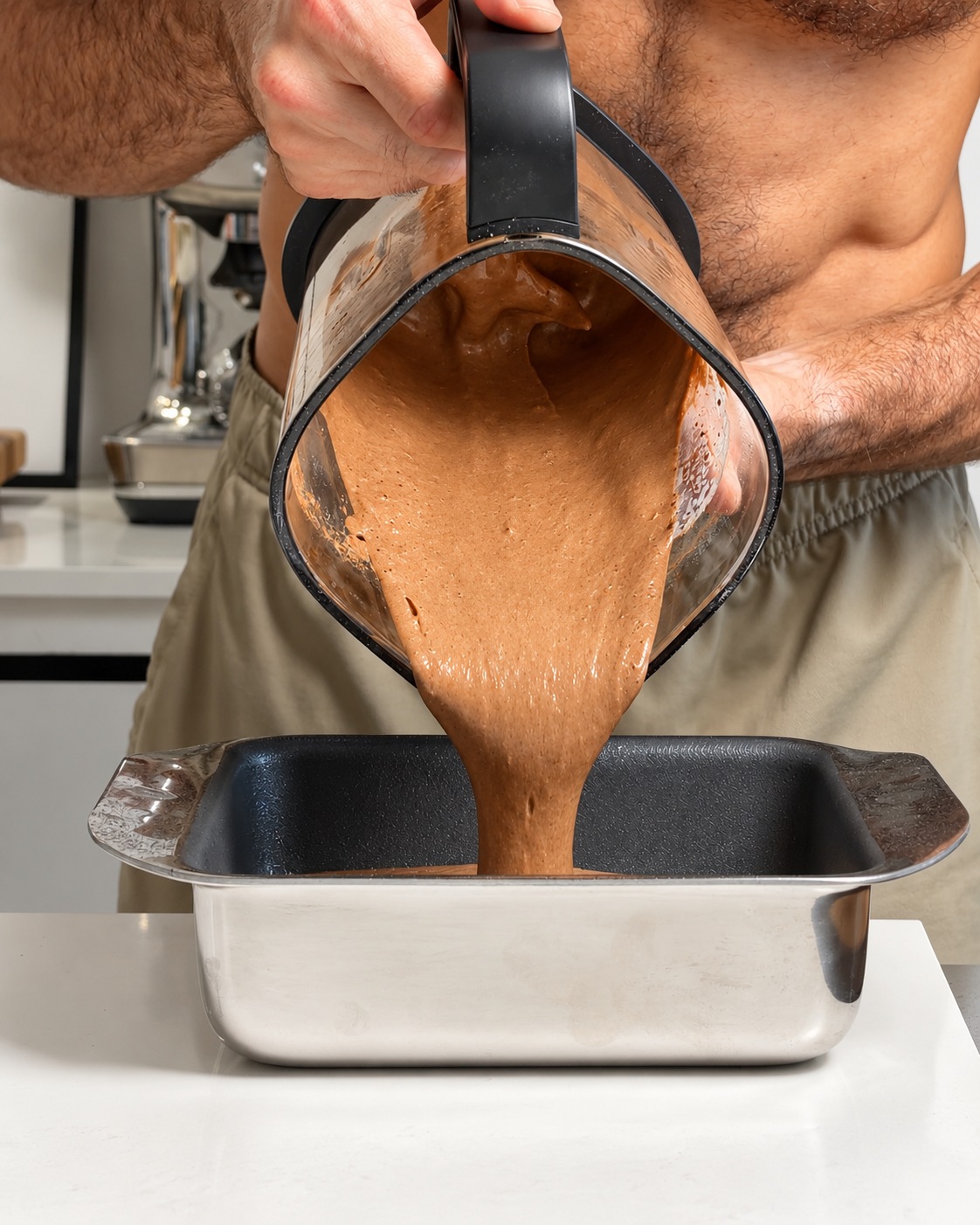 Smooth chocolate banana batter being poured from a blender into an 8×8-inch baking pan