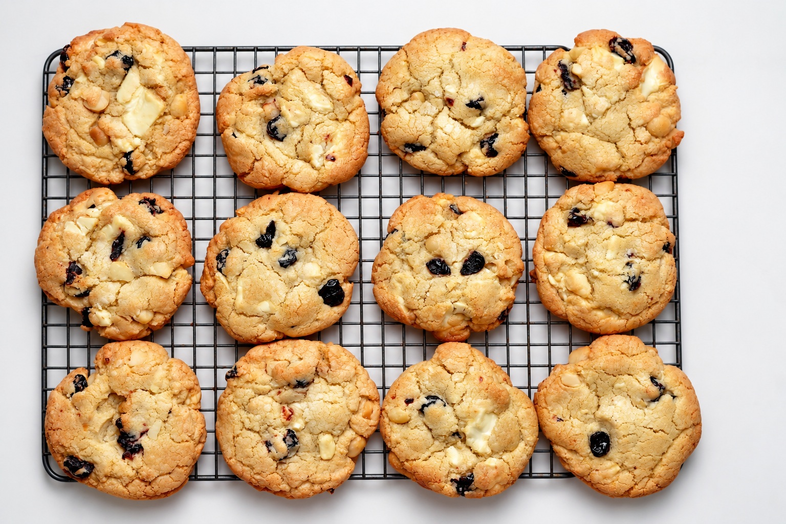 Twelve gluten-free white chocolate cherry almond cookies cooling on a wire rack viewed from above.
