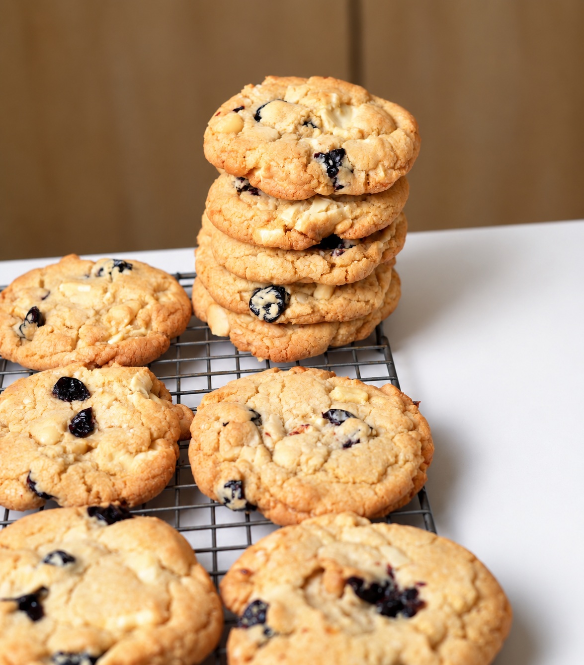 A stack of gluten-free white chocolate cherry almond cookies surrounded by cookies on a cooling rack.