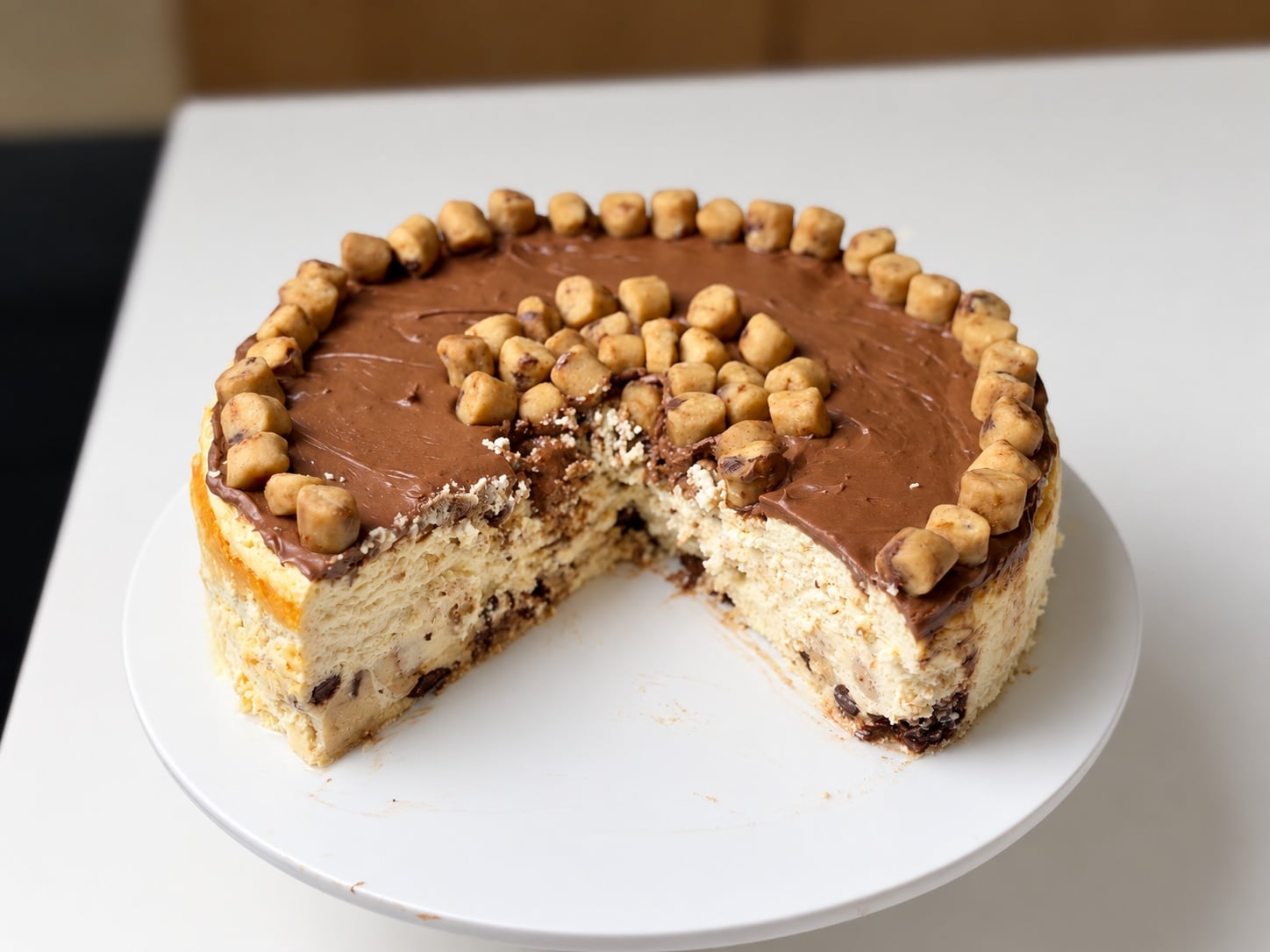 Cut high-protein cookie dough cheesecake topped with cookie dough pieces and chocolate chips