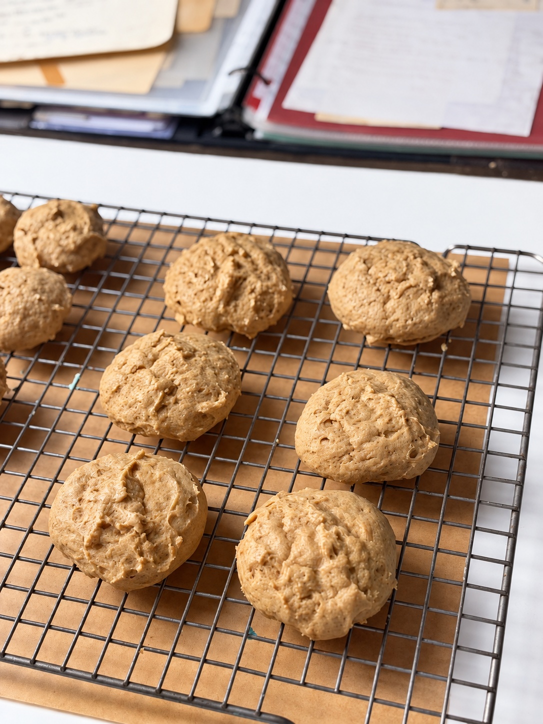 Freshly baked brown sugar cookies cooling on a wire rack before frosting