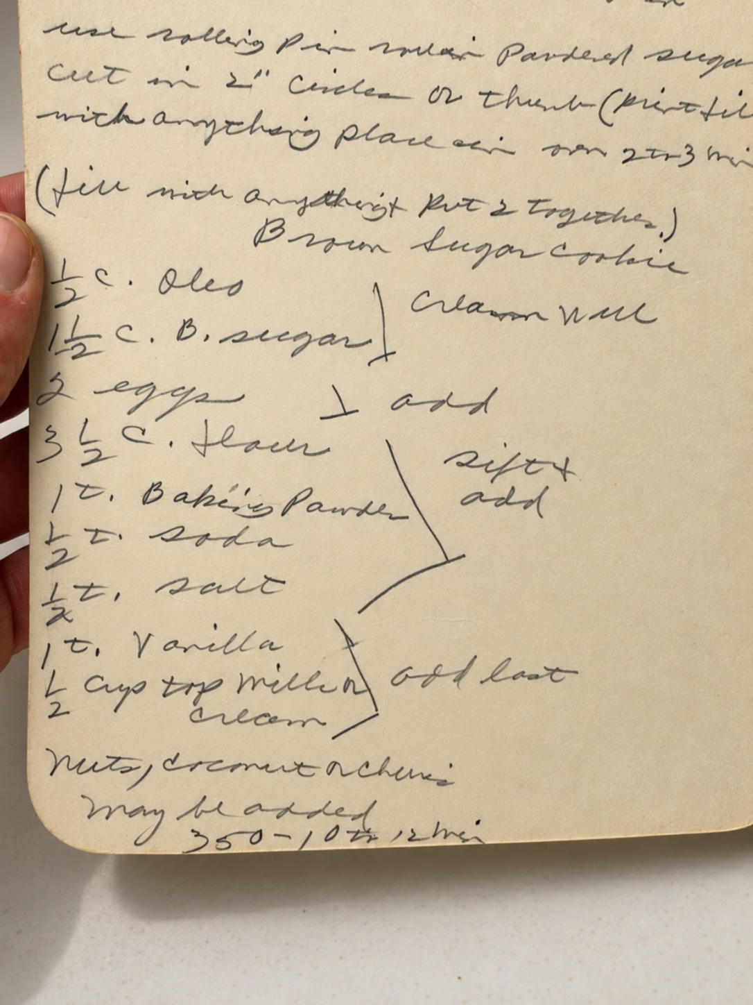 Close-up of Grandma’s handwritten brown sugar cookie recipe card with vintage ingredient notes