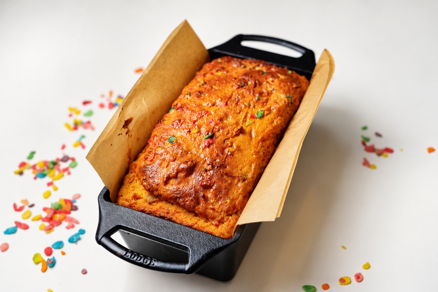 Freshly baked Fruity Pebbles protein loaf cake in a parchment-lined pan