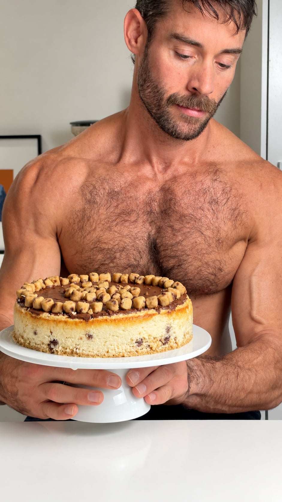 Jacob holding a cookie dough cheesecake on a cake stand
