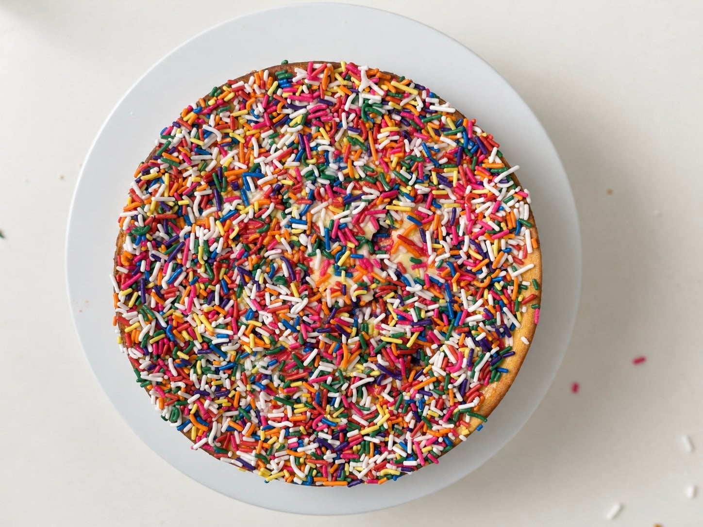 Overhead view of a birthday cake protein cheesecake covered with rainbow sprinkles