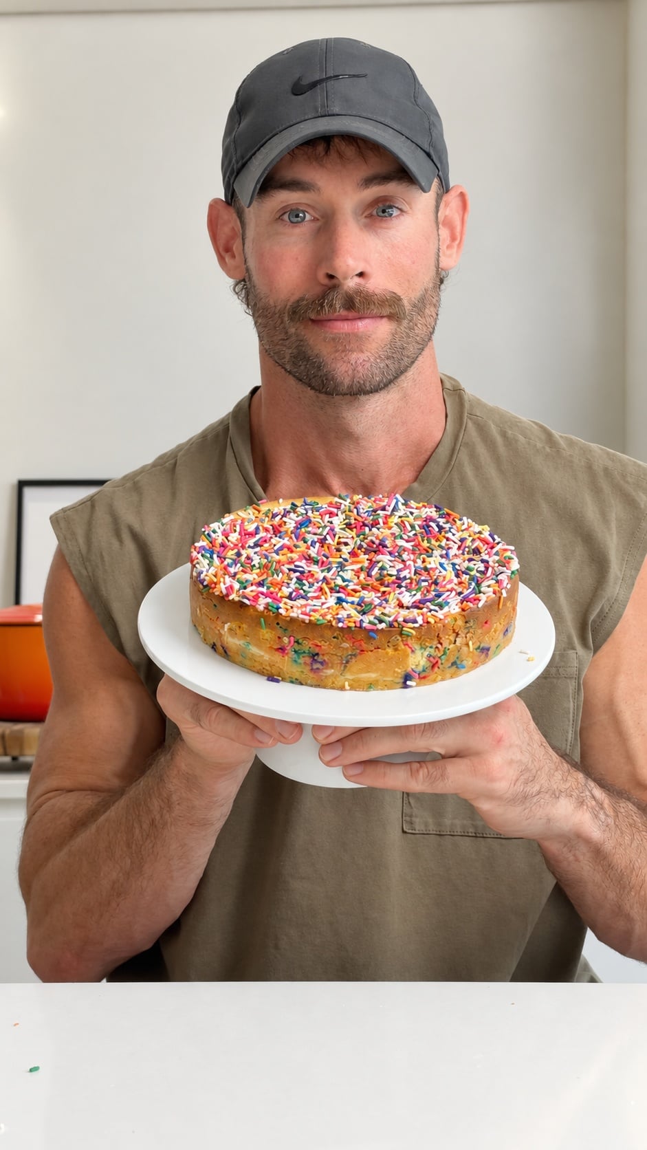 Jacob holding a whole birthday cake protein cheesecake covered with rainbow sprinkles