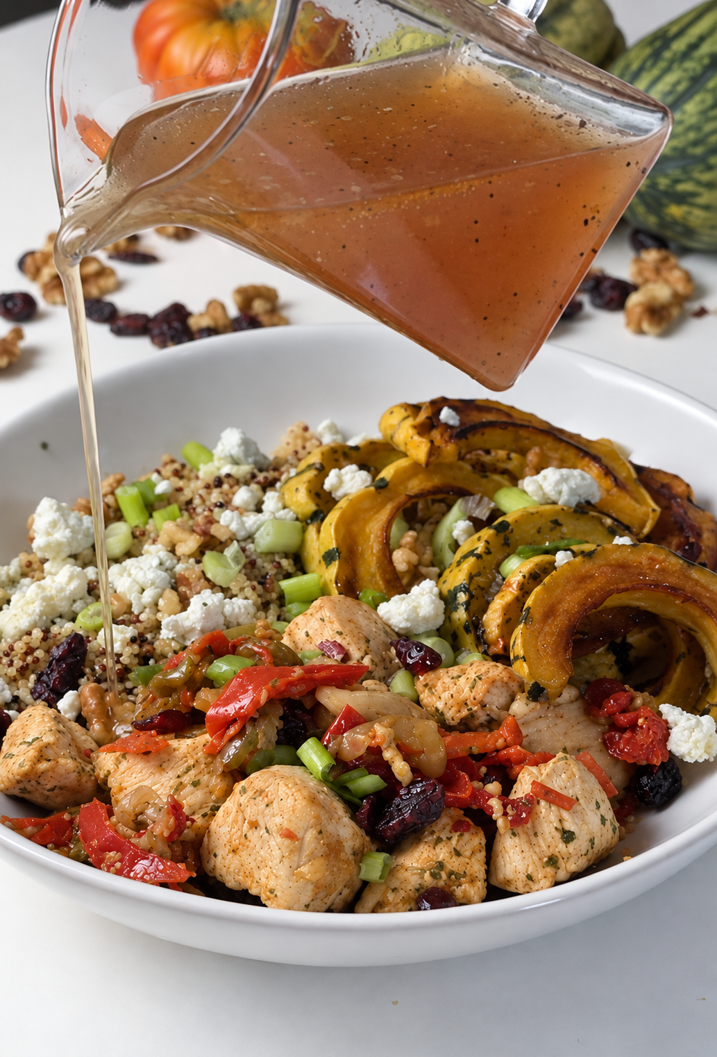 Maple-Dijon vinaigrette being poured over a fall harvest chicken quinoa bowl.