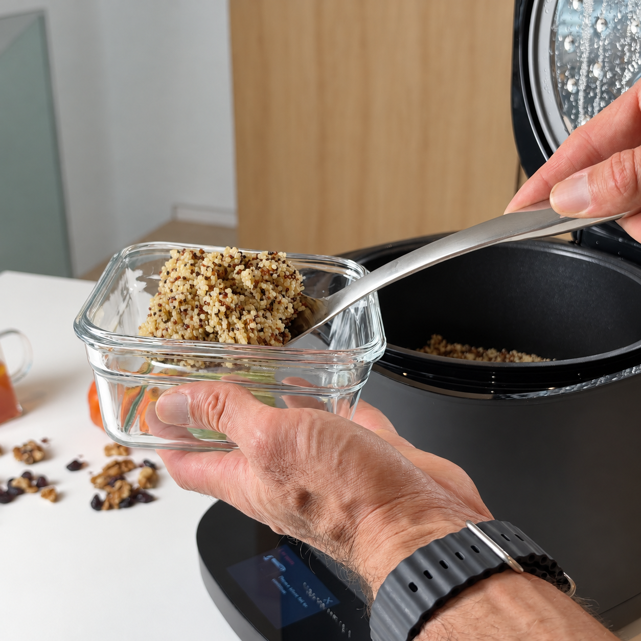 Cooked quinoa being portioned into a glass meal-prep container.