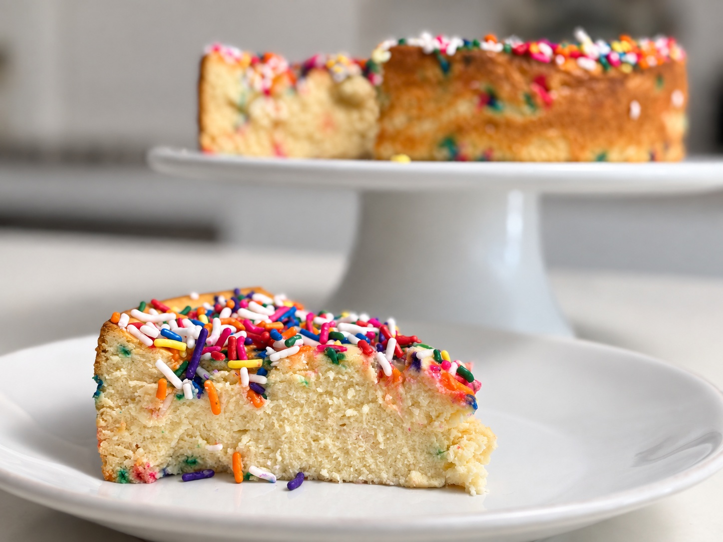 A plated slice of birthday cake protein cheesecake with the remaining cake behind it