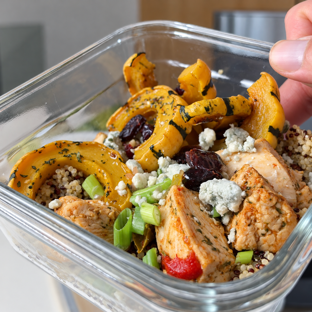 Close-up of a fall harvest chicken quinoa bowl with delicata squash, cranberries, blue cheese, and green onions.