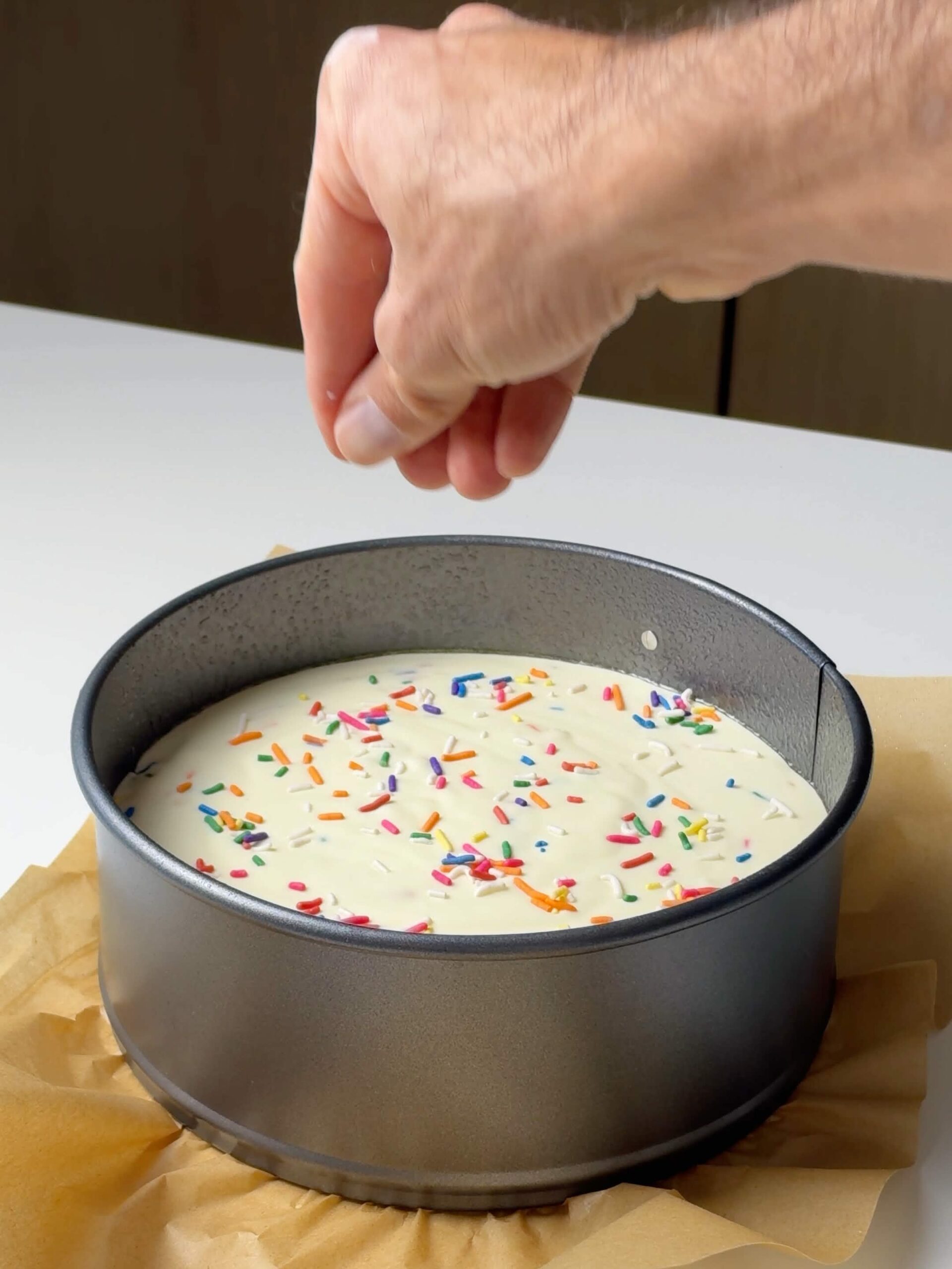 Rainbow sprinkles being added to birthday cake protein cheesecake batter in a springform pan