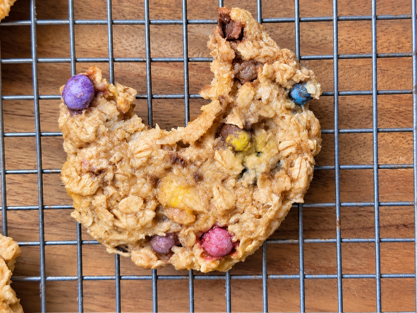 Banana oatmeal M&M breakfast cookie with a bite removed