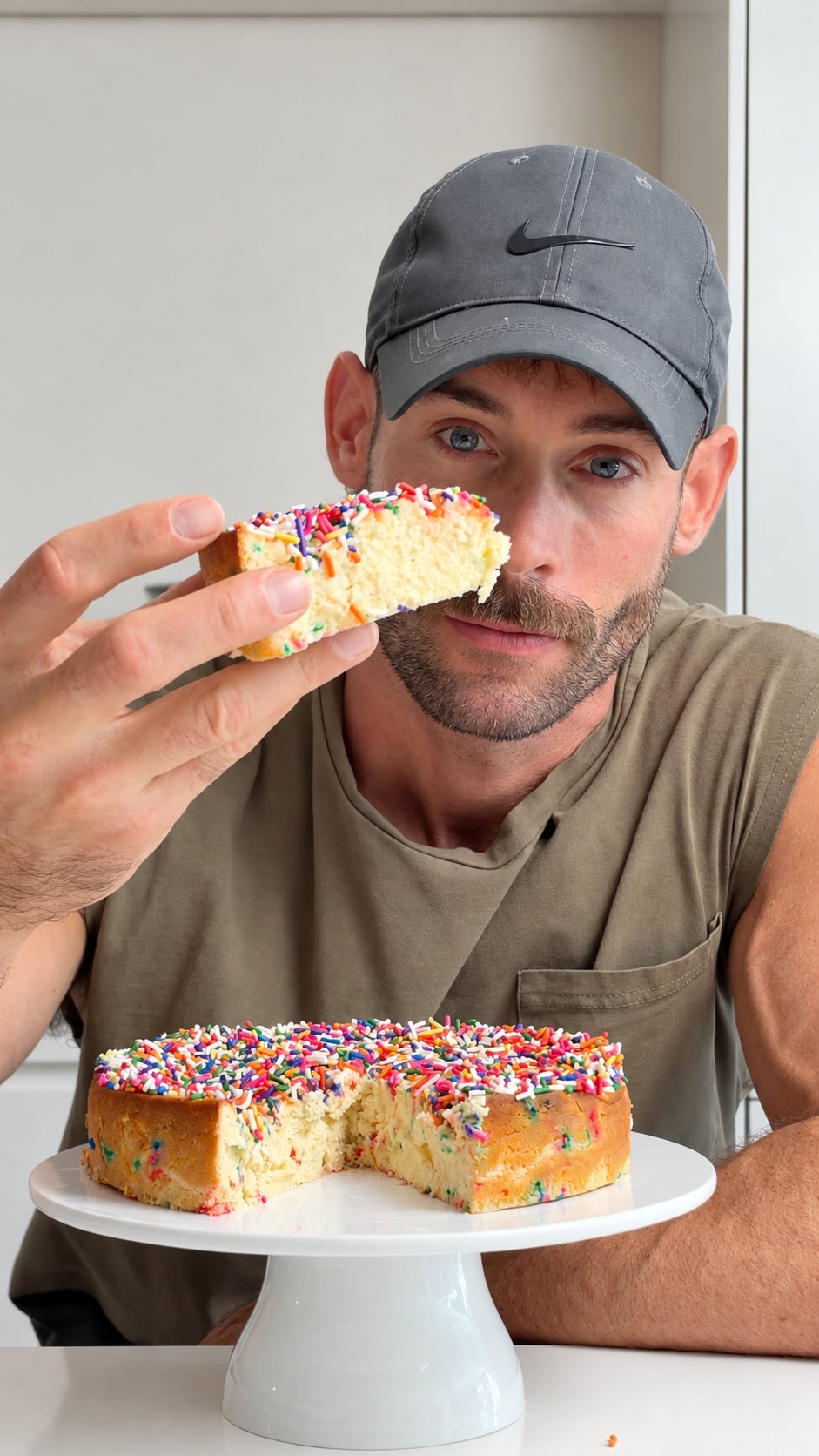 Jacob holding a slice of birthday cake protein cheesecake beside the cut cake
