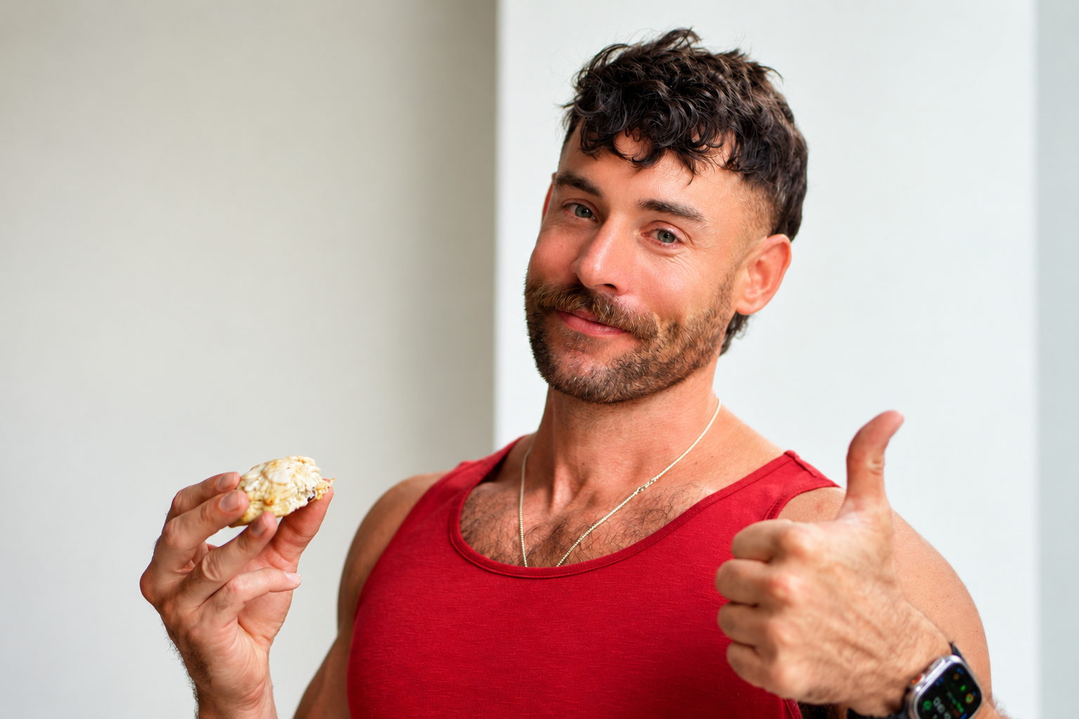 Jacob Hensley holding a macro-friendly snack and giving a thumbs-up