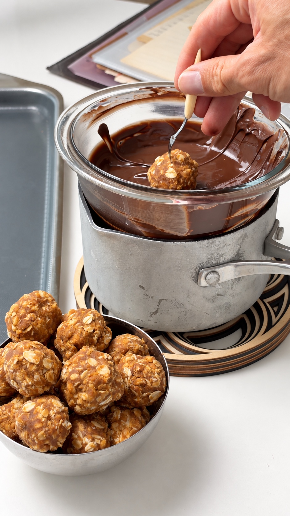 Dipping a chilled peanut butter protein truffle into melted chocolate with a fork