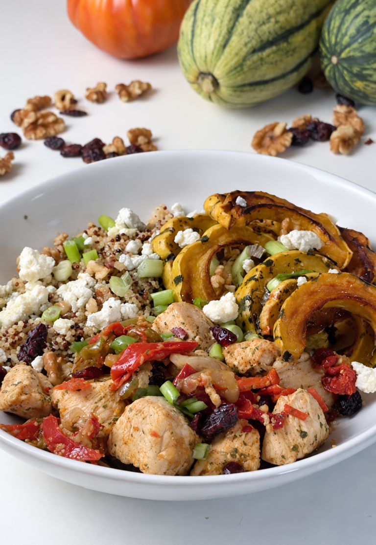 Fall harvest chicken quinoa bowl with roasted delicata squash, peppers, cranberries, walnuts, and blue cheese.