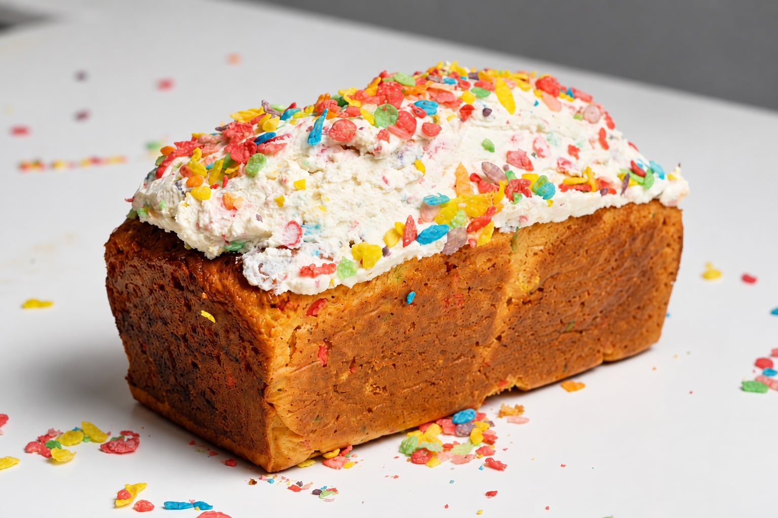 Whole Fruity Pebbles protein loaf cake topped with fluffy yogurt frosting and cereal