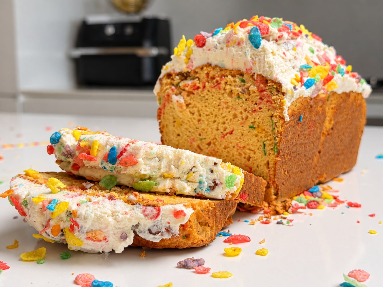 Frosted Fruity Pebbles protein loaf cake with two stacked slices
