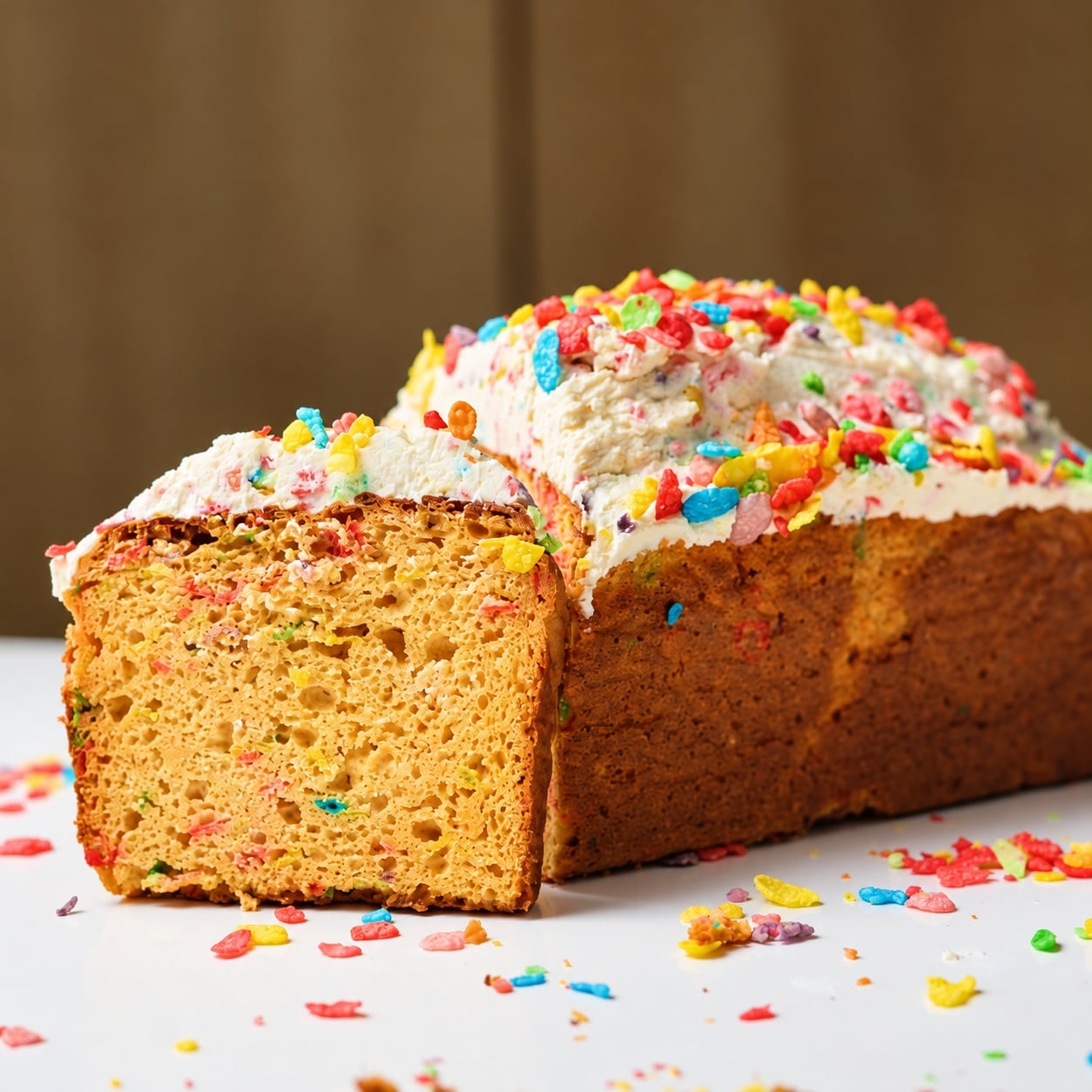 Frosted slice beside a Fruity Pebbles protein loaf cake
