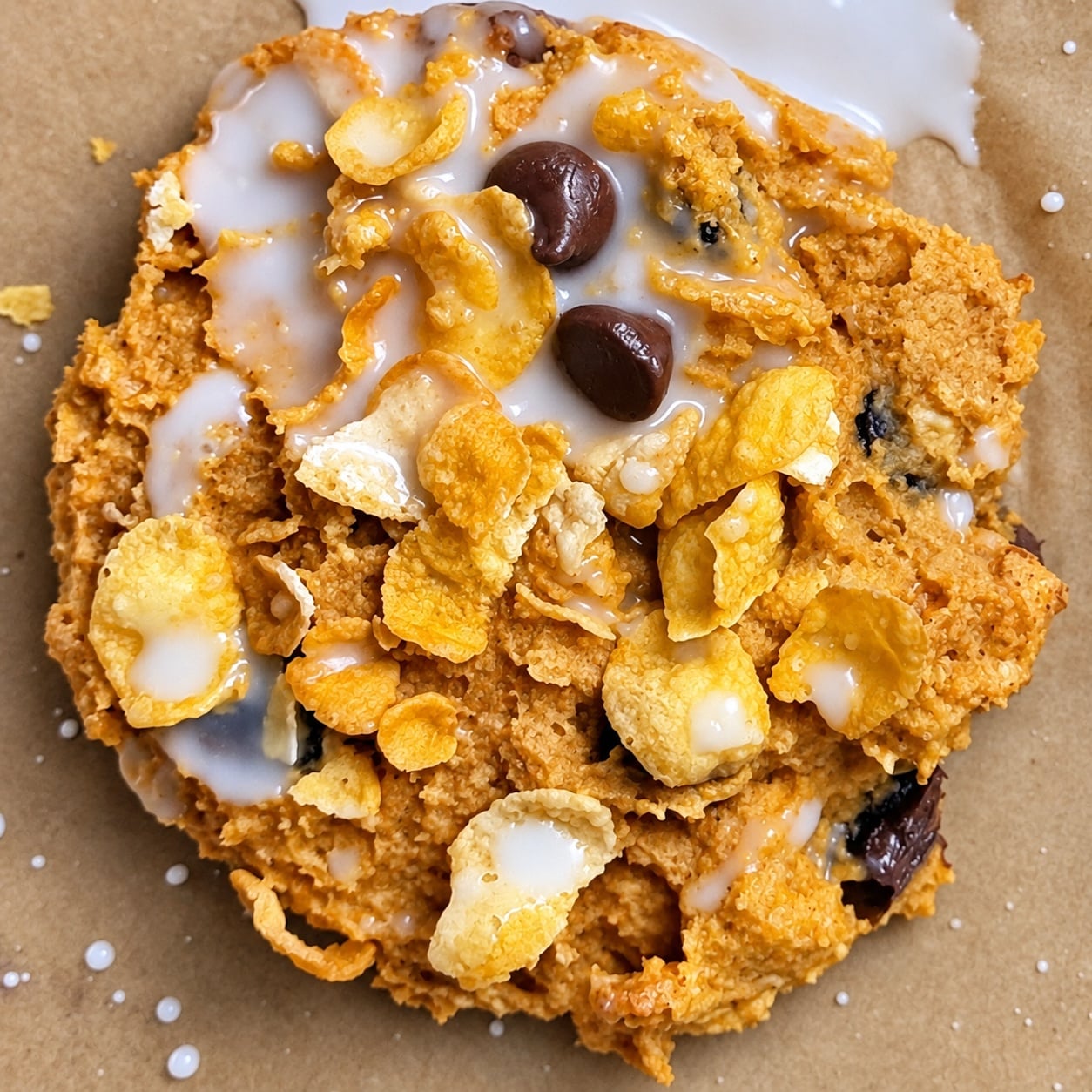 Close-up of a glazed pumpkin corn flake protein breakfast cookie with chocolate chips