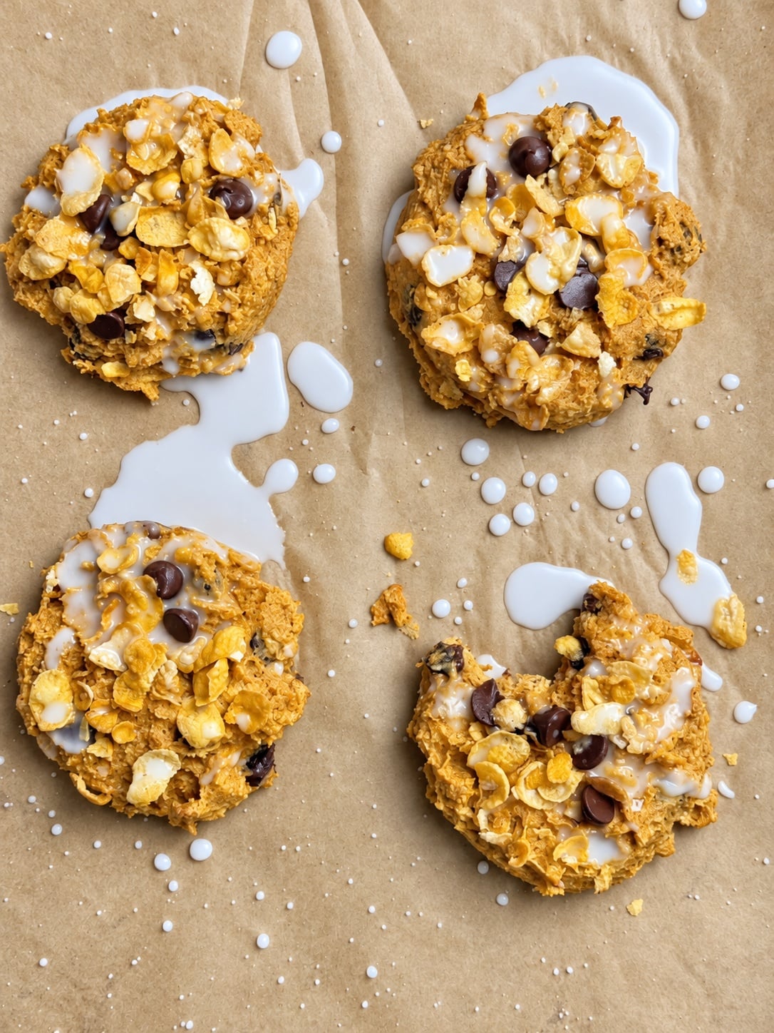 Four glazed pumpkin corn flake protein breakfast cookies viewed from overhead