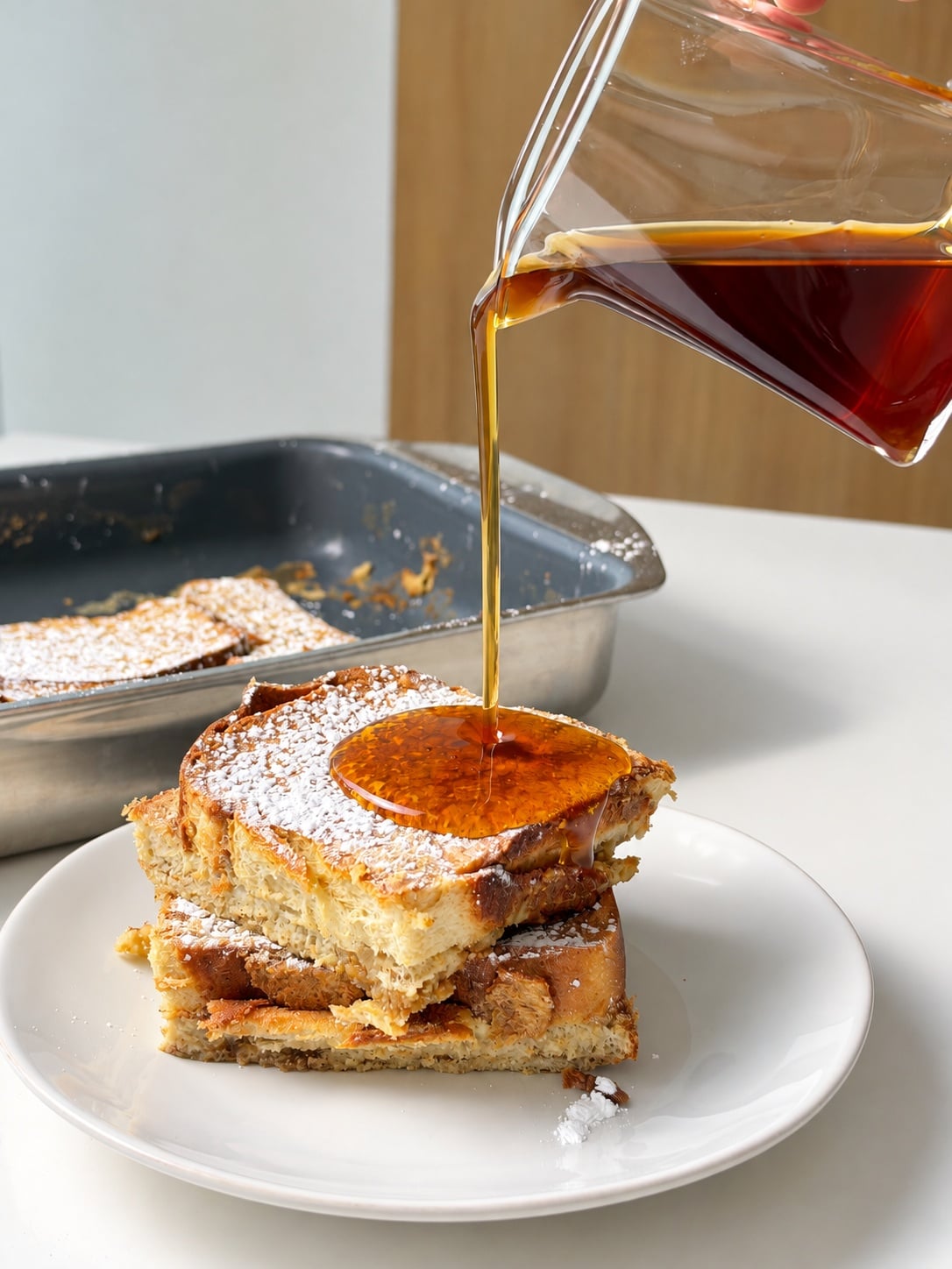 Syrup being poured over two stacked pieces of high-protein French toast casserole on a white plate.
