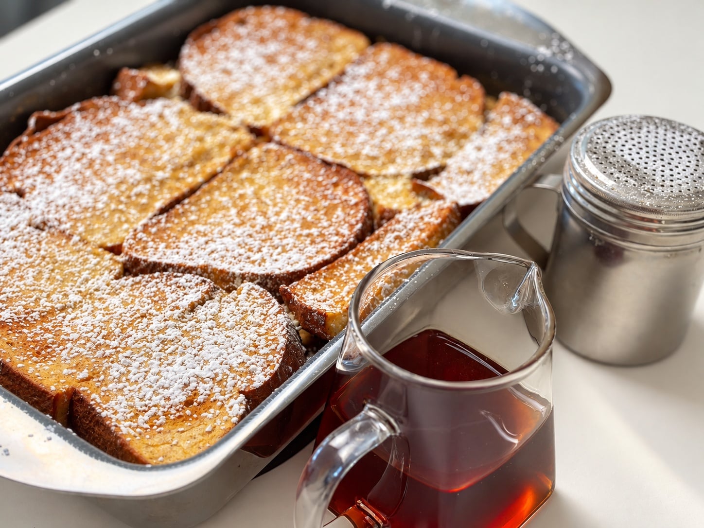 Golden French toast casserole dusted with powdered sweetener beside a glass pitcher of syrup.