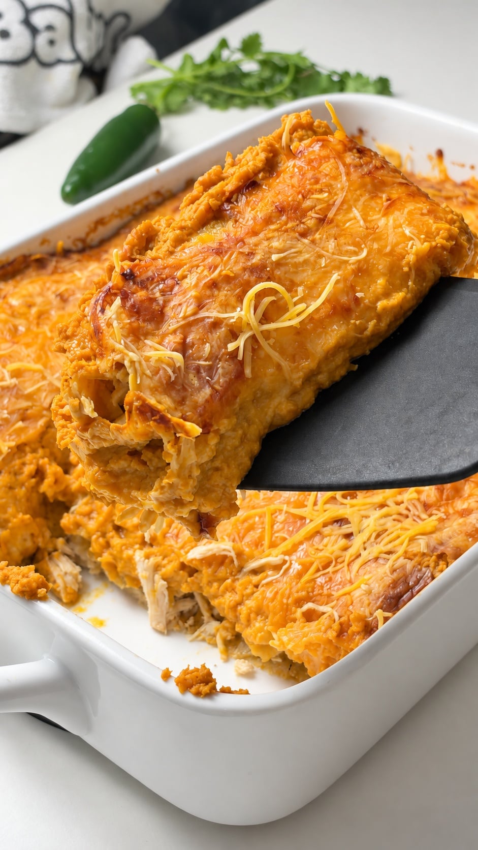 Pumpkin chicken enchilada lifted from a white casserole dish