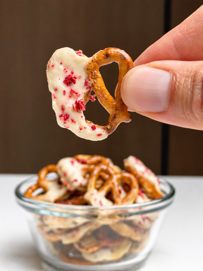 Hand holding one strawberry yogurt-covered protein pretzel above a bowl of finished pretzels