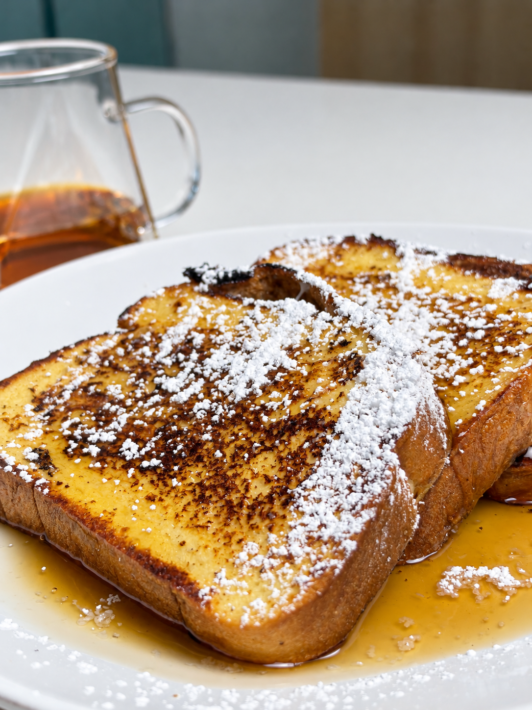 Close-up of golden high-protein French toast topped with powdered sweetener and maple syrup.