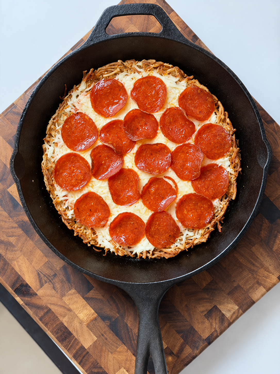 Overhead view of high-protein hash brown pizza with melted mozzarella and turkey pepperoni in a cast-iron skillet