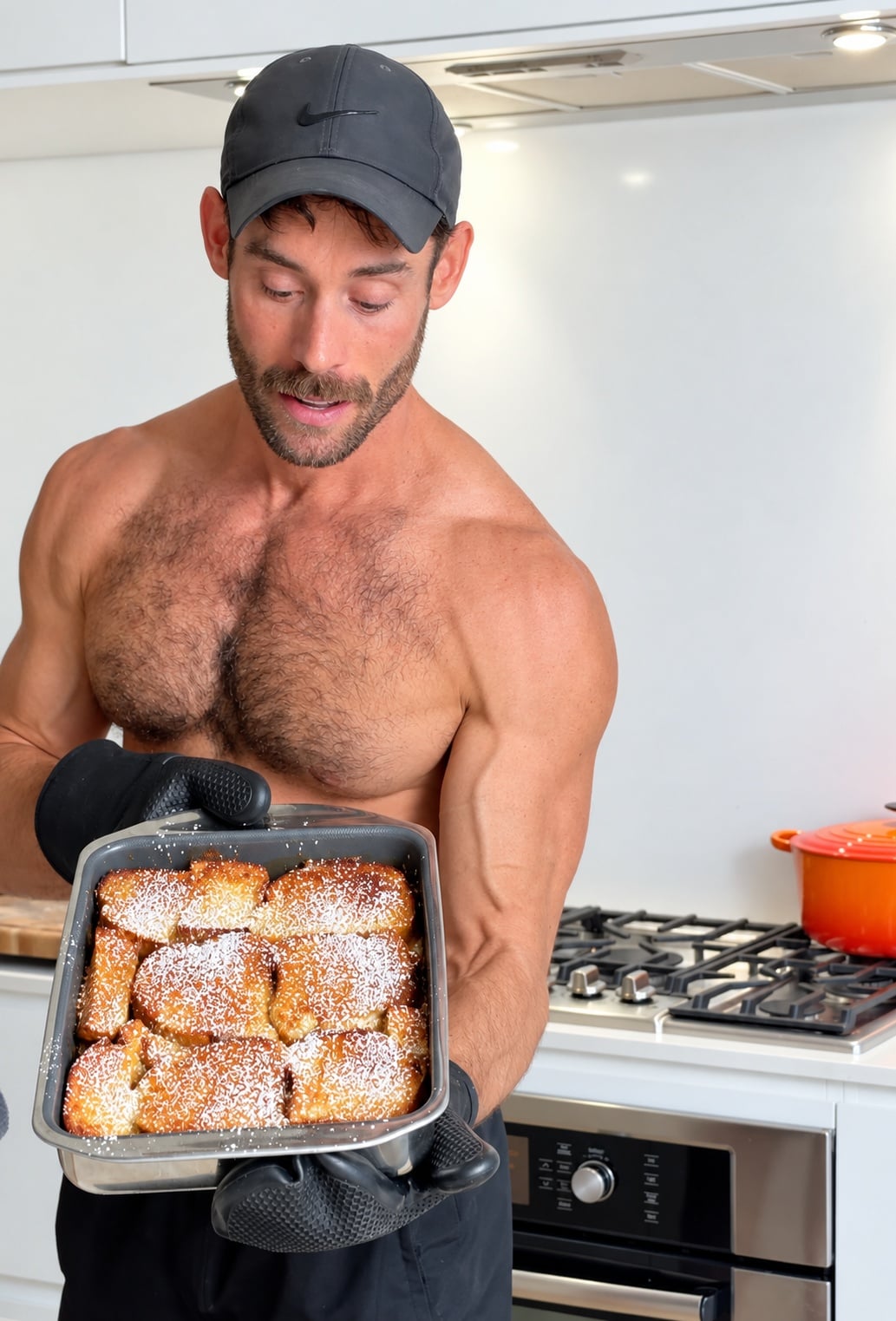 Jacob wearing oven mitts and holding a pan of golden French toast casserole in the kitchen.