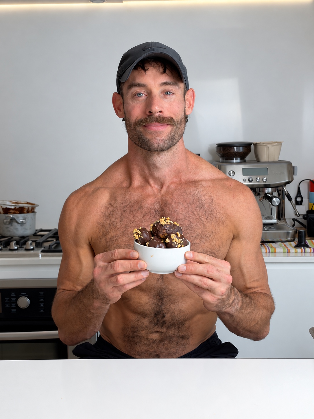 Jacob holding a bowl of homemade chocolate peanut butter protein truffles