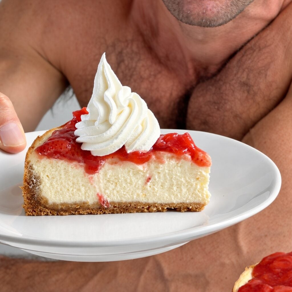 Jacob holding a slice of high-protein strawberry citrus cheesecake topped with whipped cream.