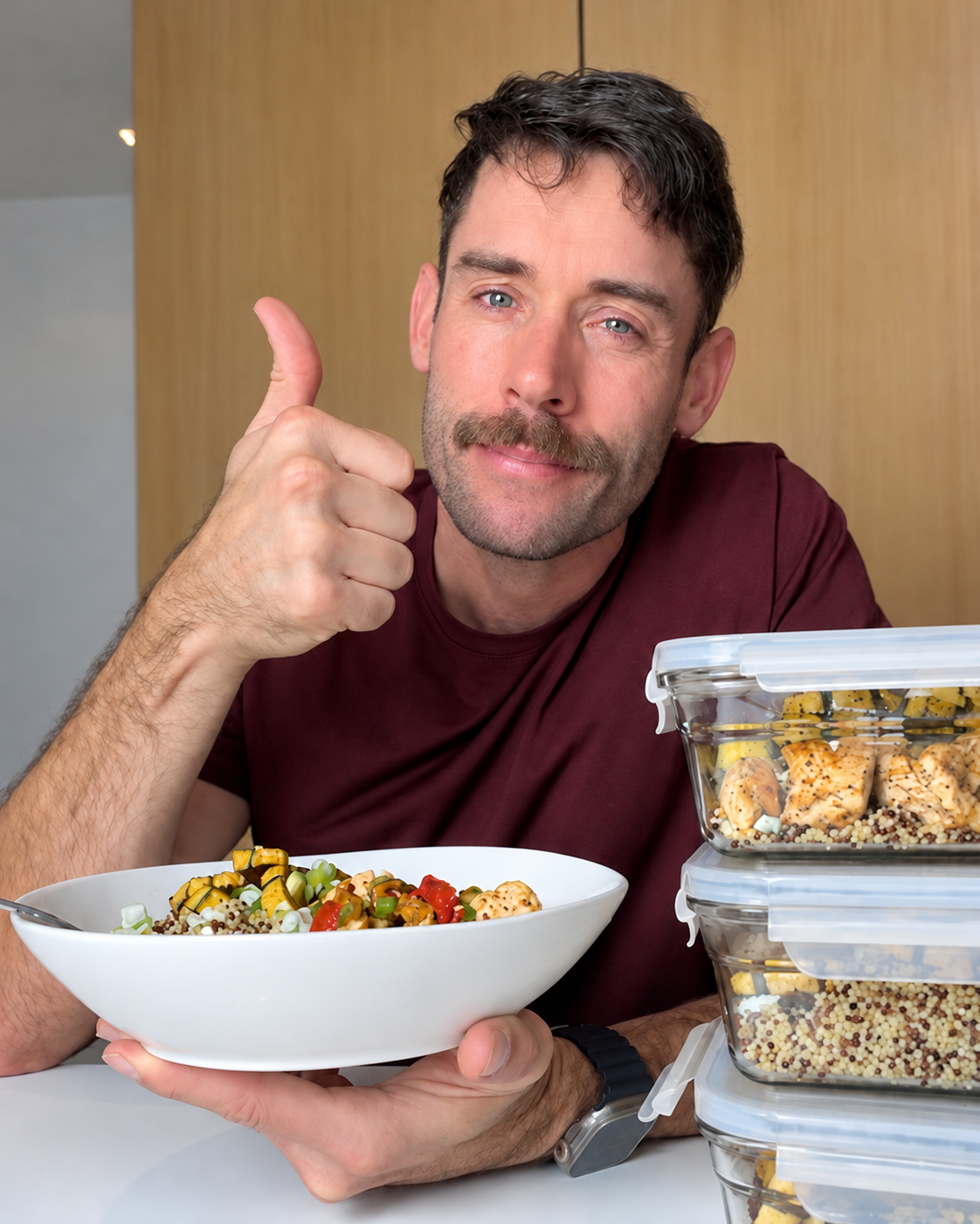 Jacob holding a fall harvest chicken quinoa bowl beside stacked meal-prep containers.
