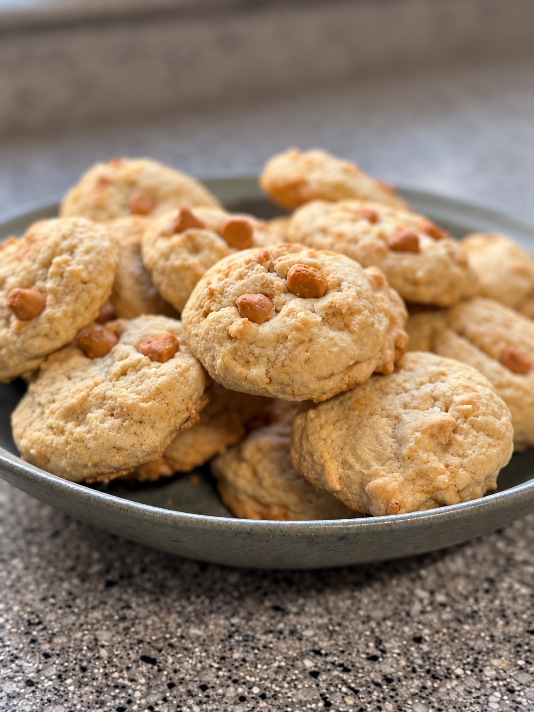 Close-up of old-fashioned butterscotch chip cookies piled in a bowl