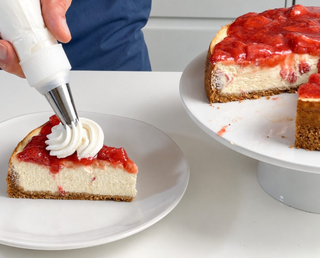 Vanilla whipped cream being piped onto a slice of strawberry citrus cheesecake.