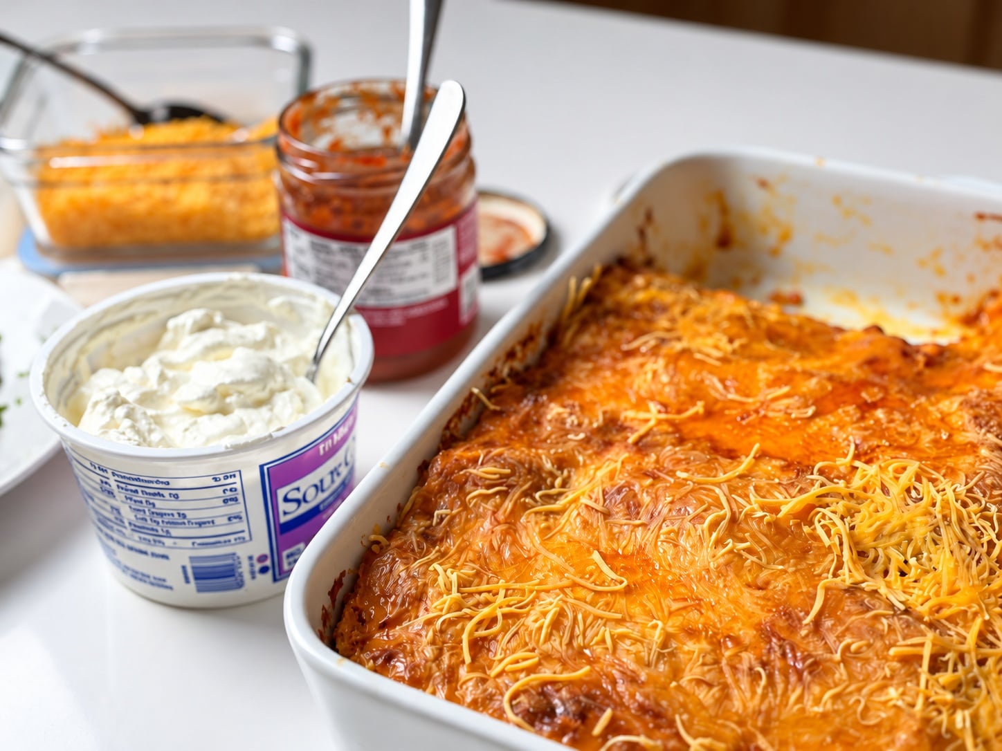 Baked pumpkin chicken enchiladas beside cottage cheese and sauce