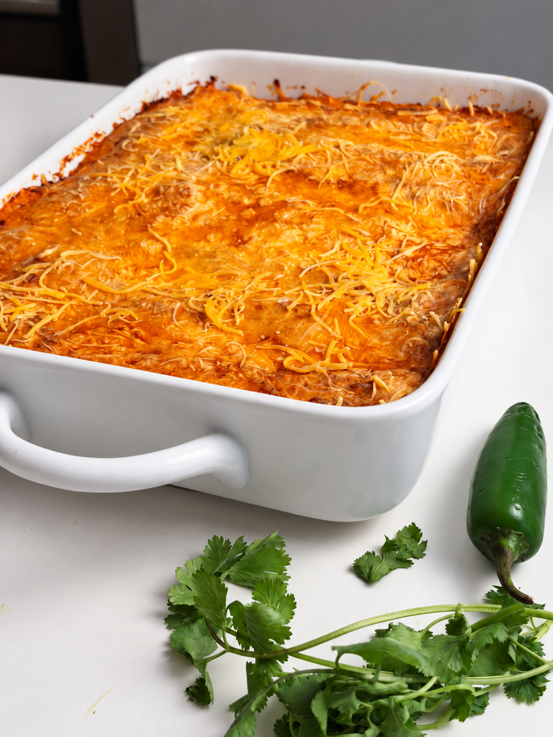Finished pumpkin chicken enchiladas in a white casserole dish with cilantro and jalapeño