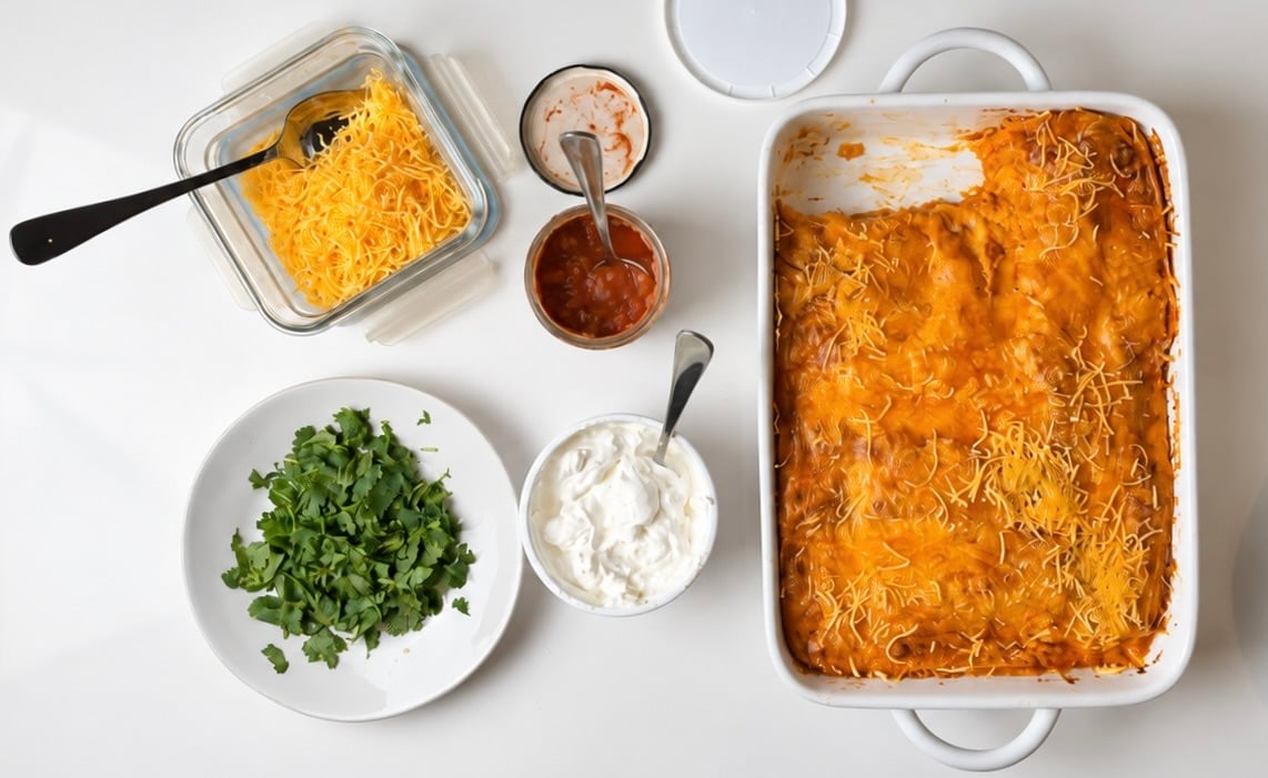 Overhead view of pumpkin chicken enchiladas with cilantro, cottage cheese, sauce, and shredded cheese
