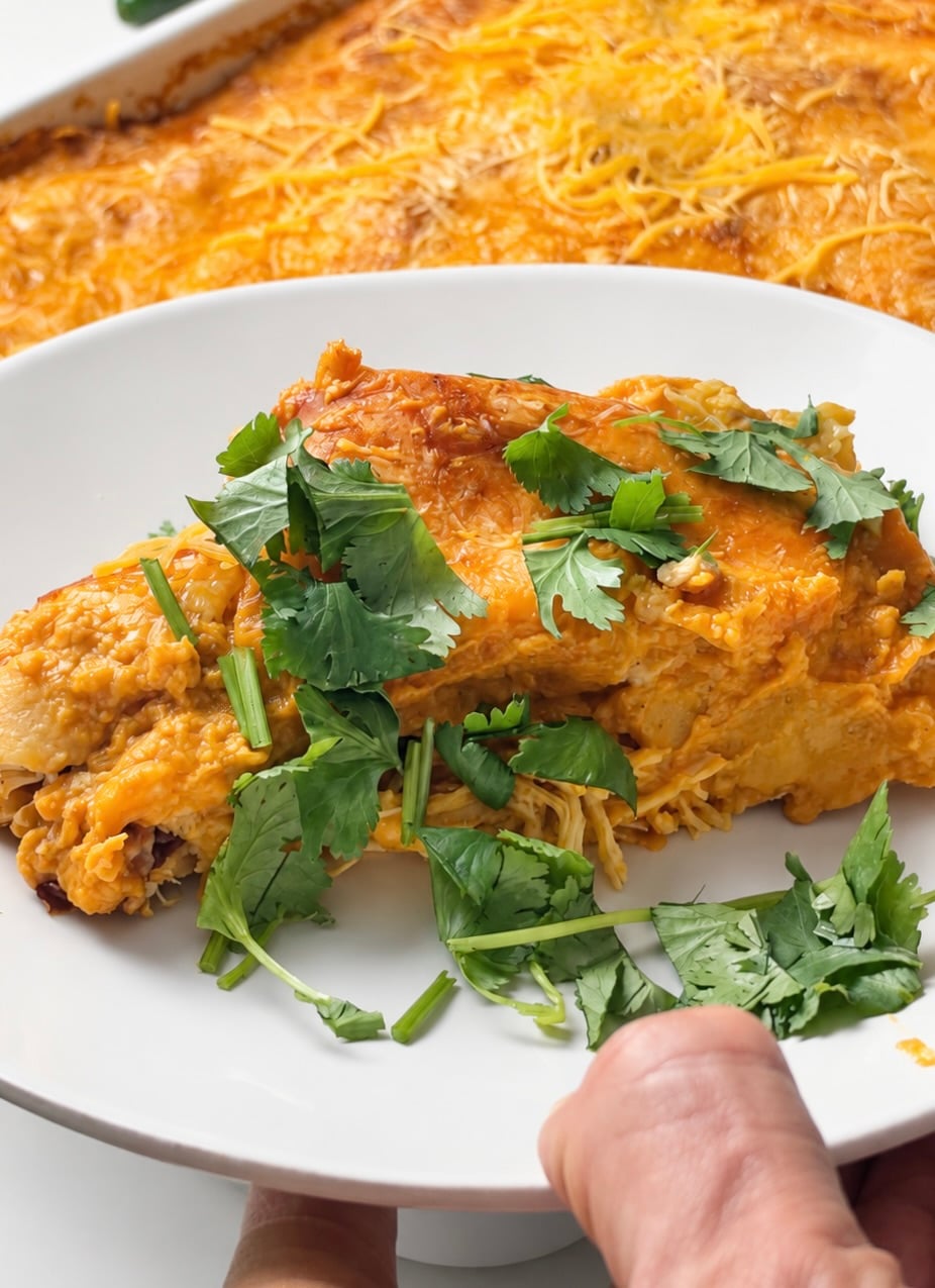 Two pumpkin chicken enchiladas on a white plate topped with fresh cilantro