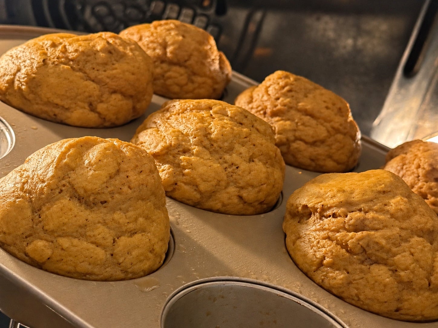 Tall pumpkin protein muffins baking in a muffin tin inside the oven